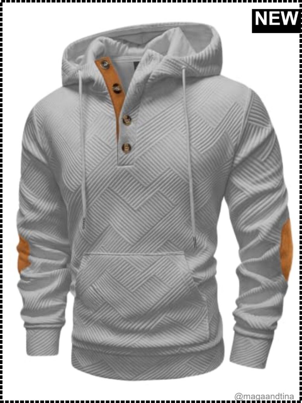 Textured Knit Hoodie Pullover Henley Kangaroo Pocket